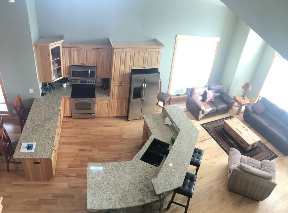 Kitchen and great room view from loft