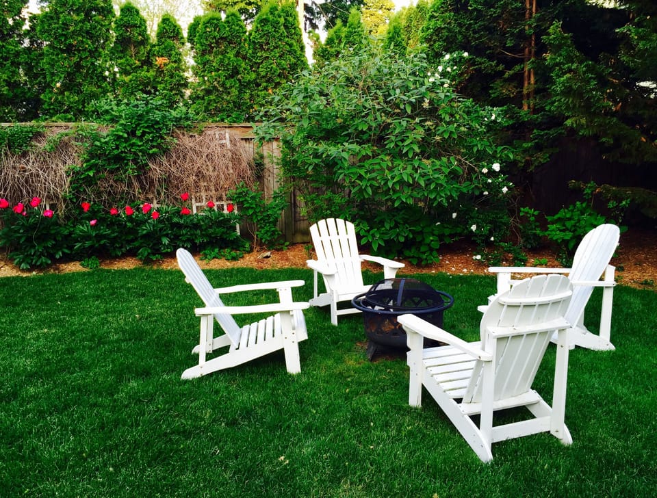 Backyard has a firepit for roasting s'mores and a gas grill.