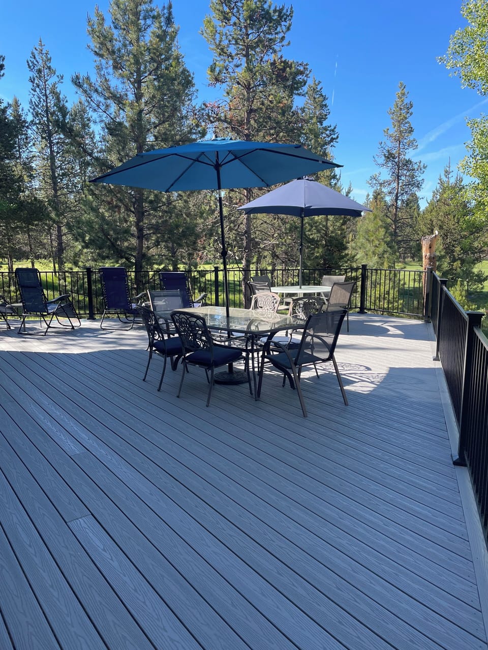 New back deck has expansive views of the golf course, trees beyond, and open sky