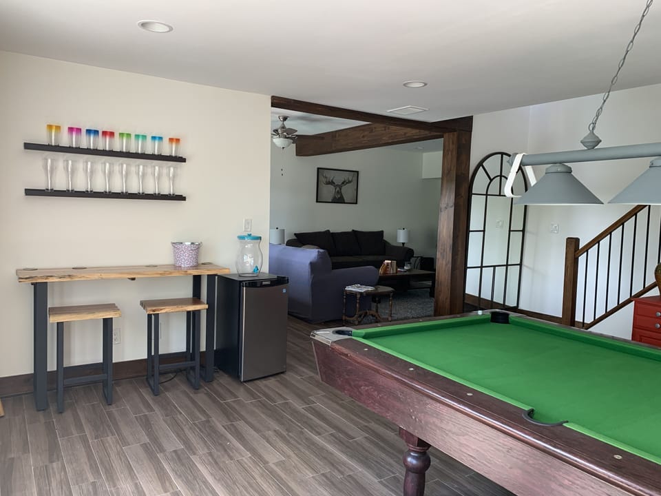 Pool table, bar set and bar fridge