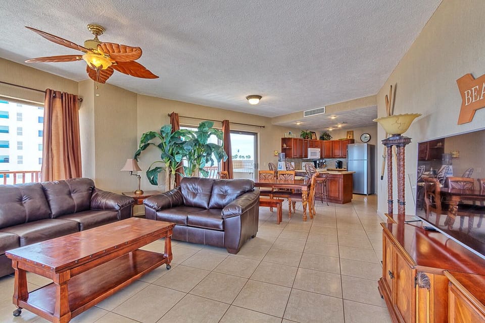 living room and kitchen from sliding glass door inward
