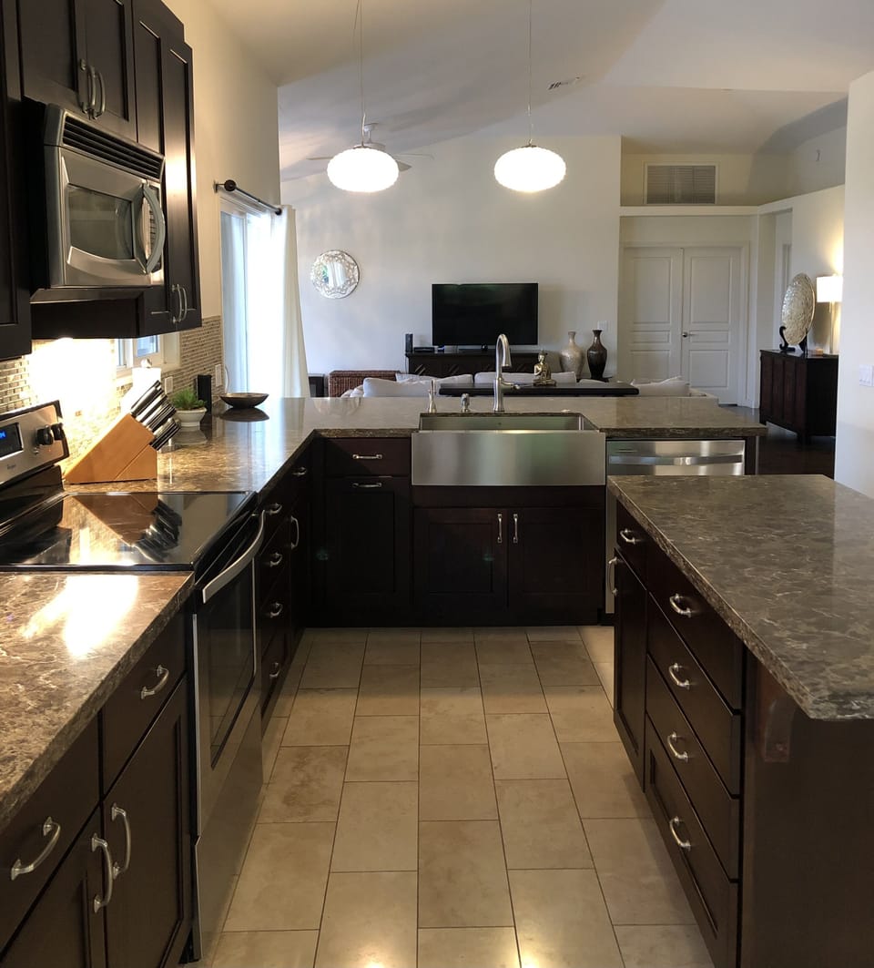 Kitchen opens to living area