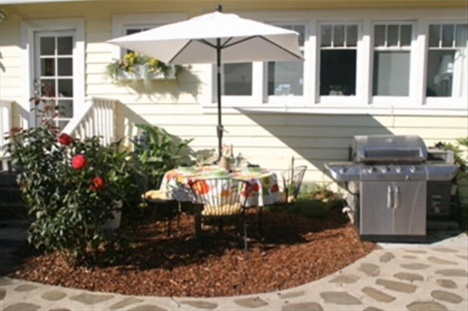 Outdoor dining, umbrella, and gas grill