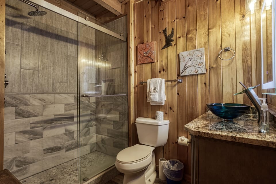 Pet Friendly Cabin in the Smokies "Whispering Winds" - Main level bathroom with walk in shower