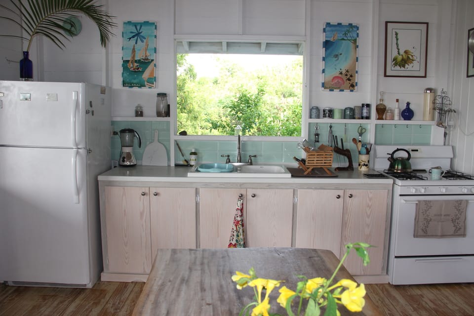 Spacious kitchen with view of lemon trees and Monk's Hill