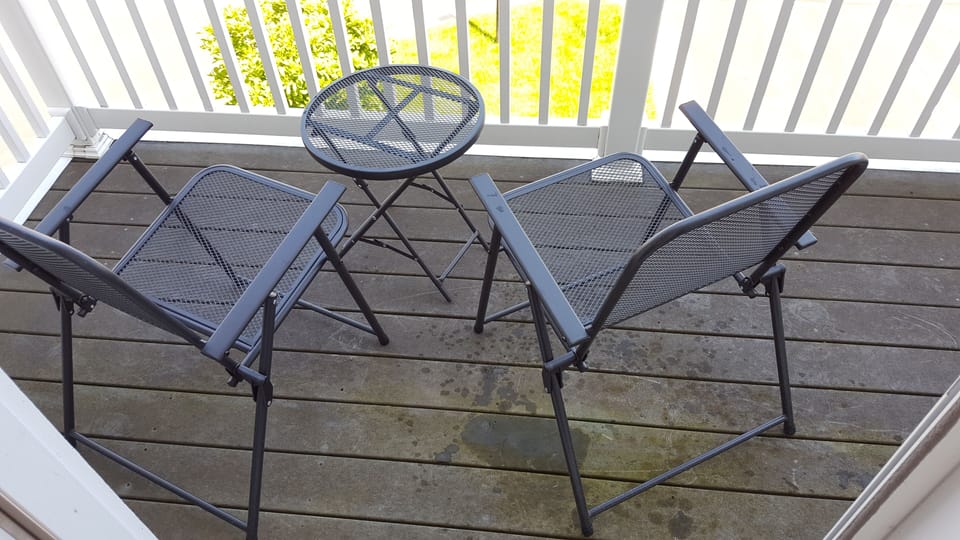 Patio furniture available during warm weather.