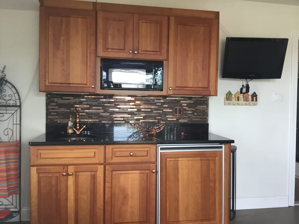 Limited addition custom copper sink with granite counter and subzero fridge 
