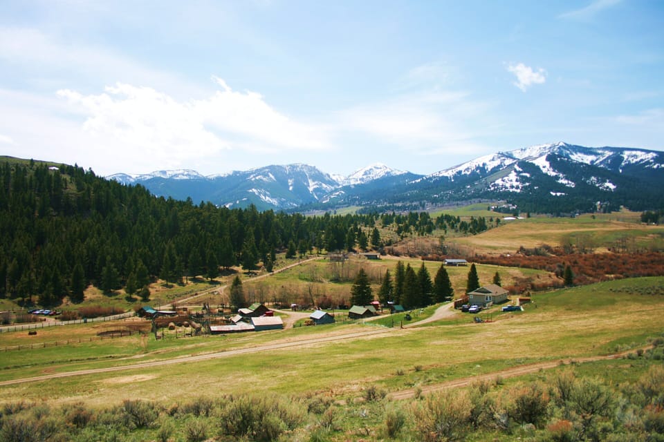 A view of the ranch buildings.  The Cabin is on the hill towards the mountains.