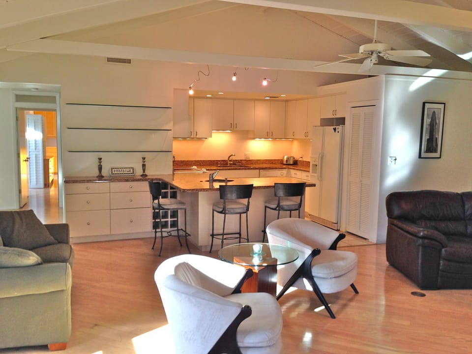 The great room and kitchen with vaulted ceilings.