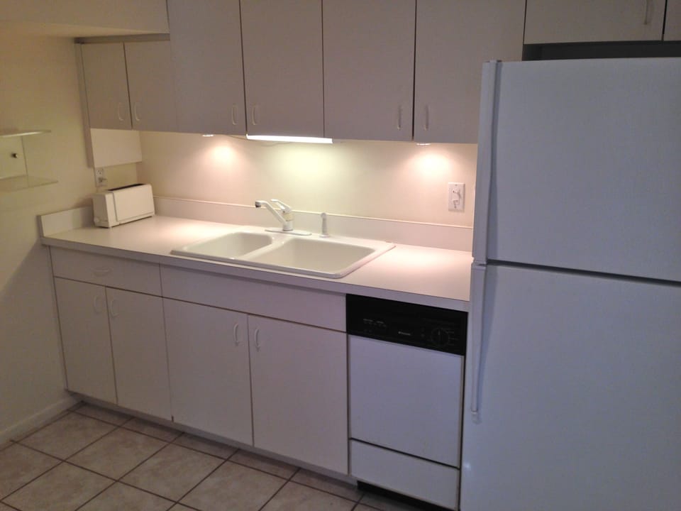 Downstairs pool party kitchen complete with stove, microwave, dishwasher, and fridge.  A toaster ready for that urgent need for toast.