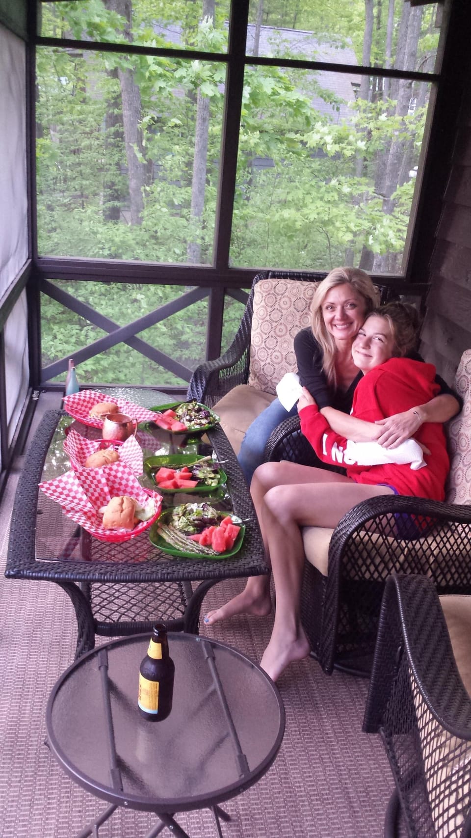 Eating on the screen porch, enjoying the moment and the wildlife.