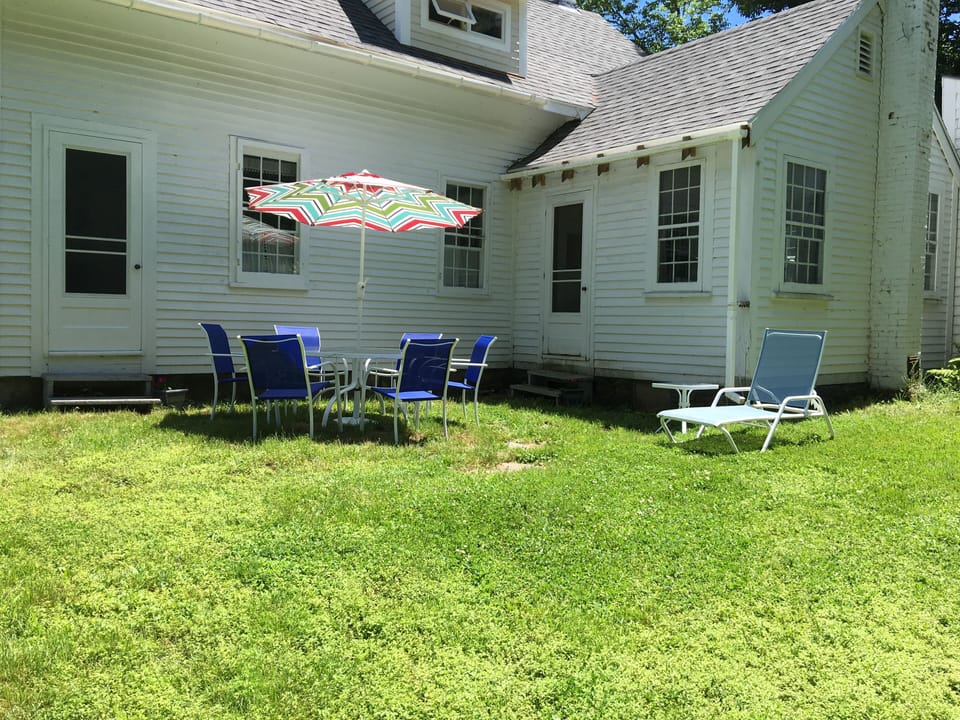 Back yard with doors into the kitchen and bonus bedroom