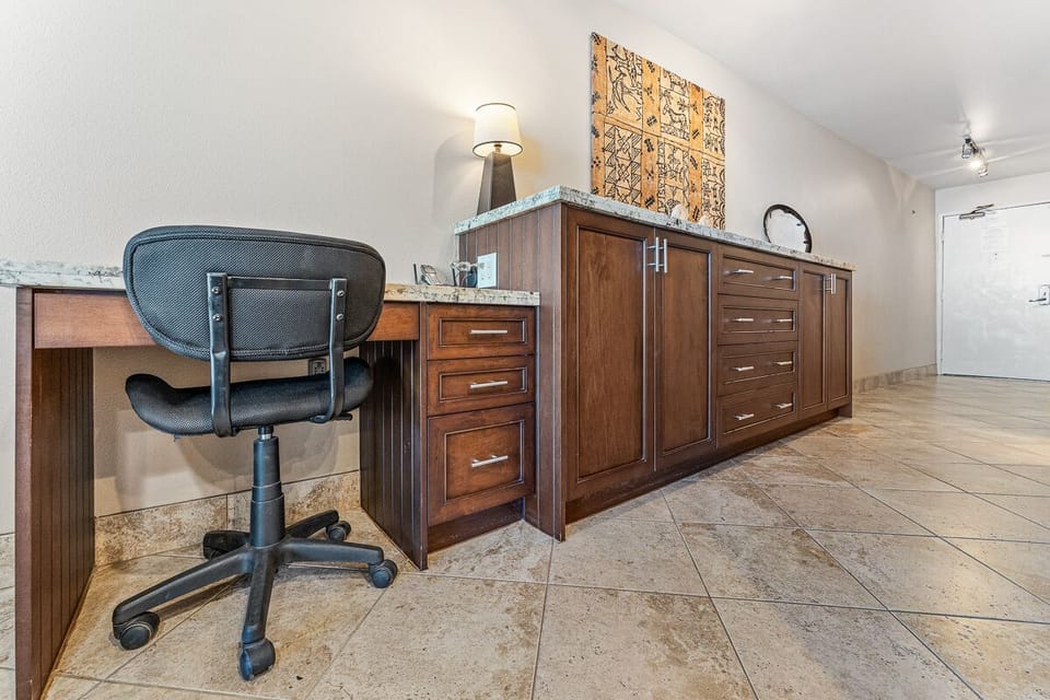 Granite topped desk area with free WiFi and free long distance calling to US and Canada.