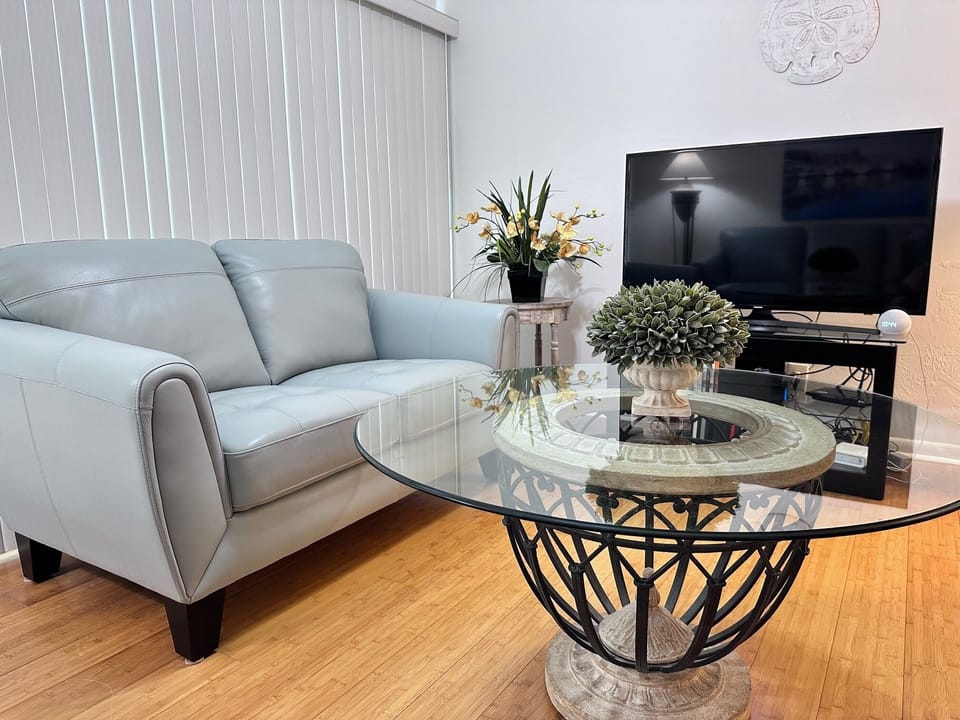 Living area with new leather Love Seat and Sofa