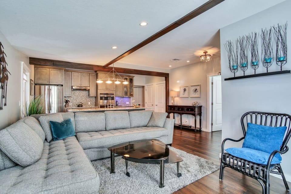 View from sliding glass door entry. Open concept with tasteful, modern decor.