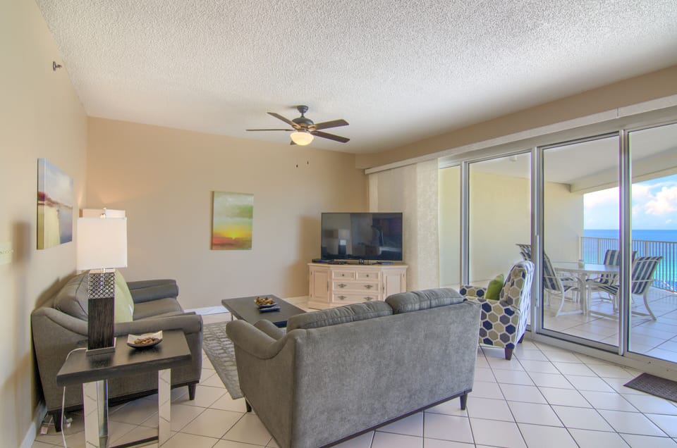living room with view of water