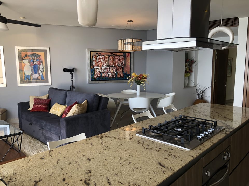 Kitchen, living room, dining room.