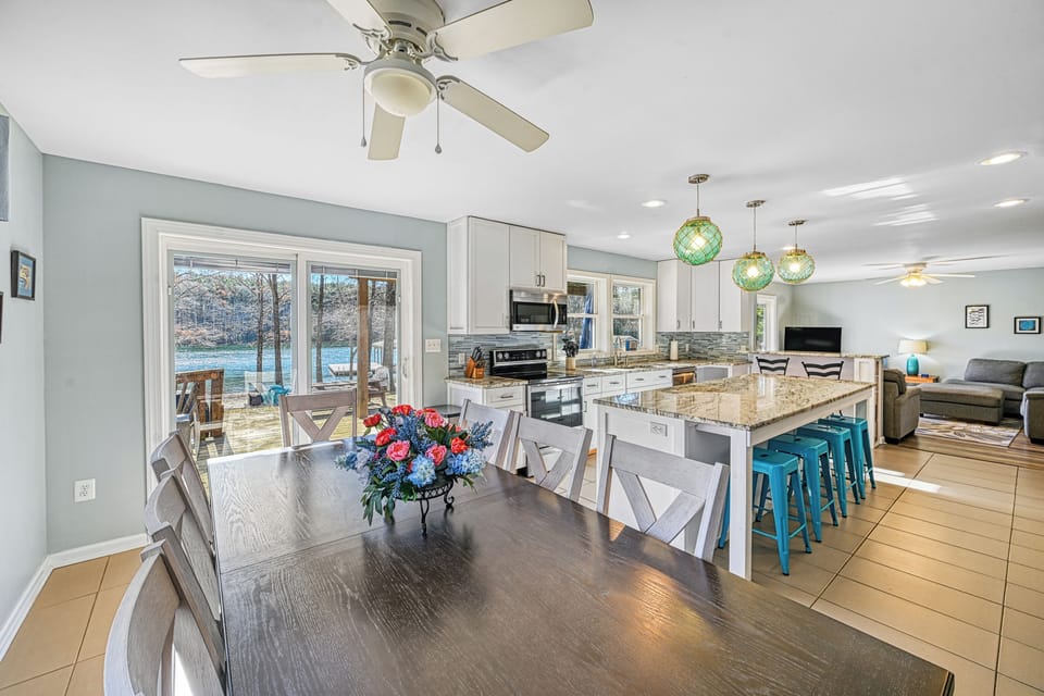 Water views from the dining and kitchen.
