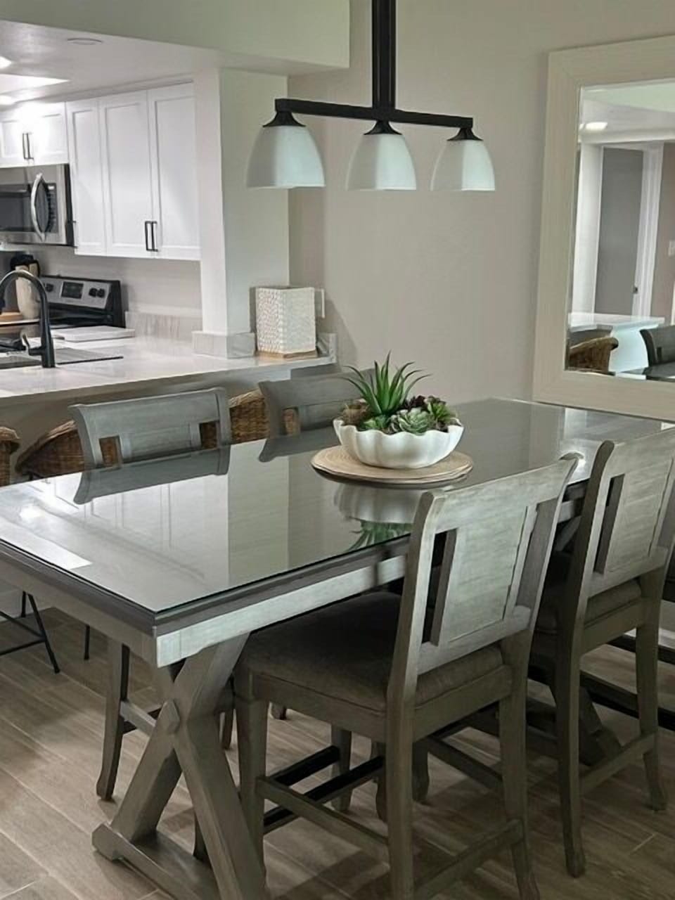 Dining open to kitchen and living space