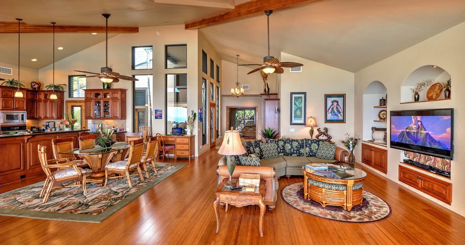 Bamboo floors and cathedral ceilings create an expansive and warm great room.