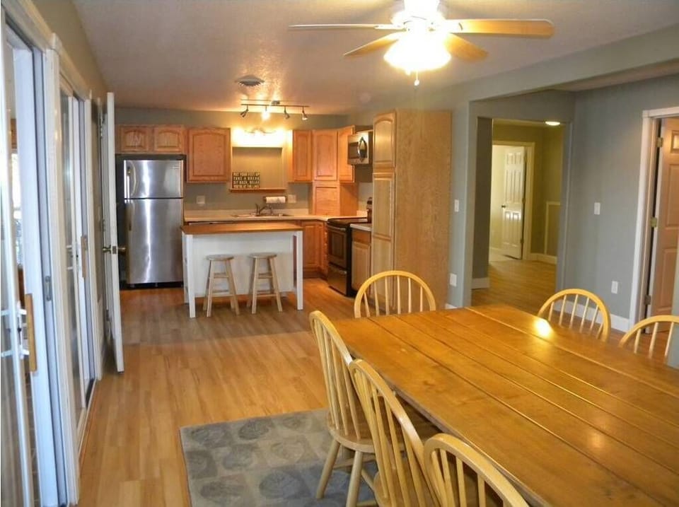 Another look at the large kitchen/dining area. Living room is to the left.