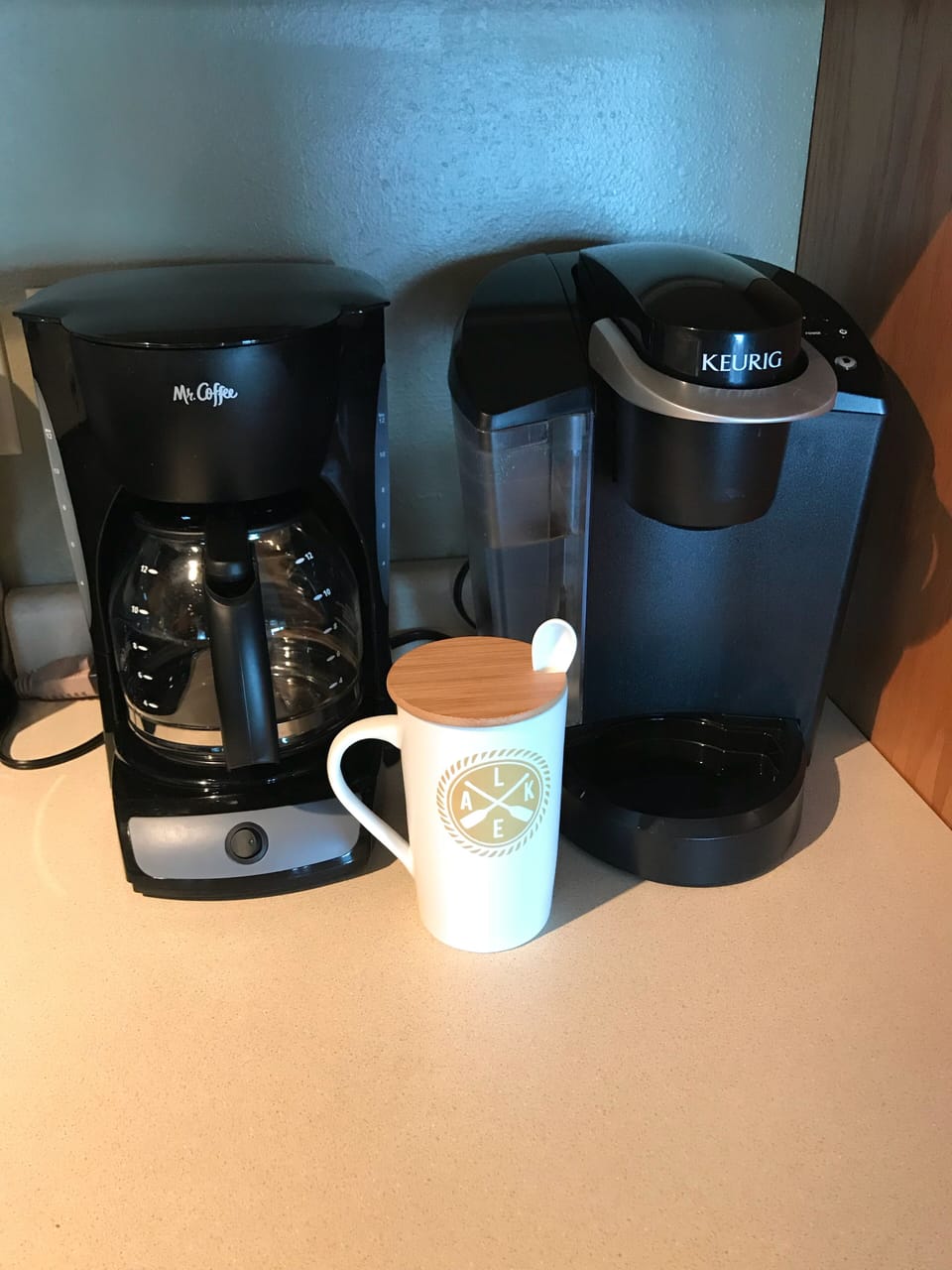 For the coffee lovers, we have a regular coffee maker and a Keurig machine.