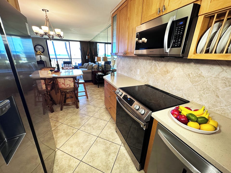 Beautifully remodeled and updated kitchen with stainless steel appliances.