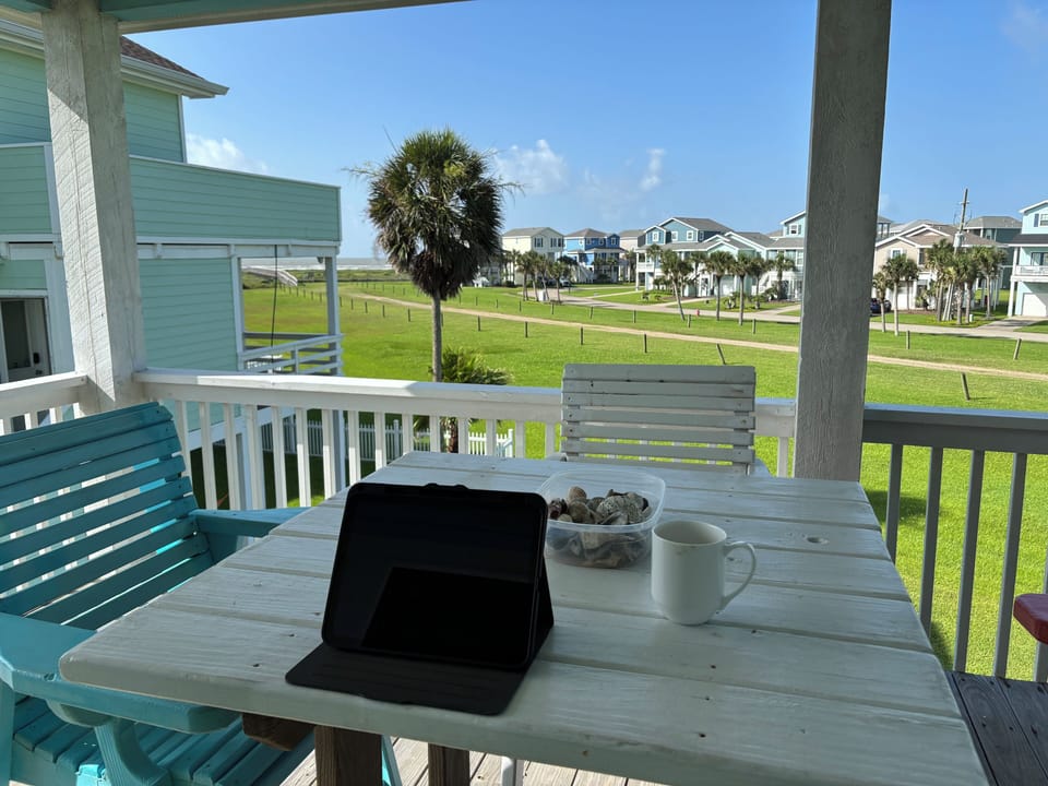 Work on deck overlooking gulf and bay