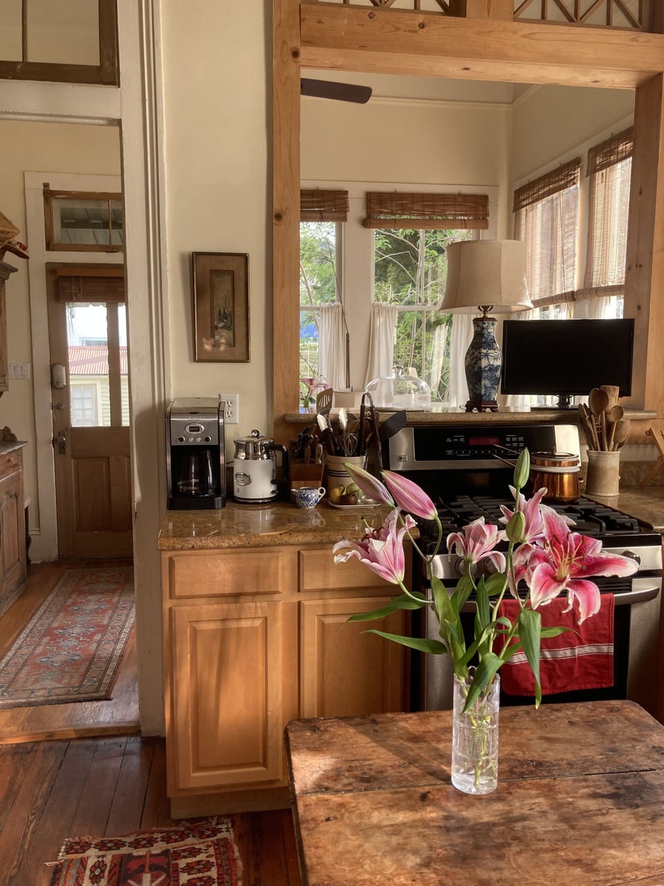 Kitchen looking out to back door and back yard