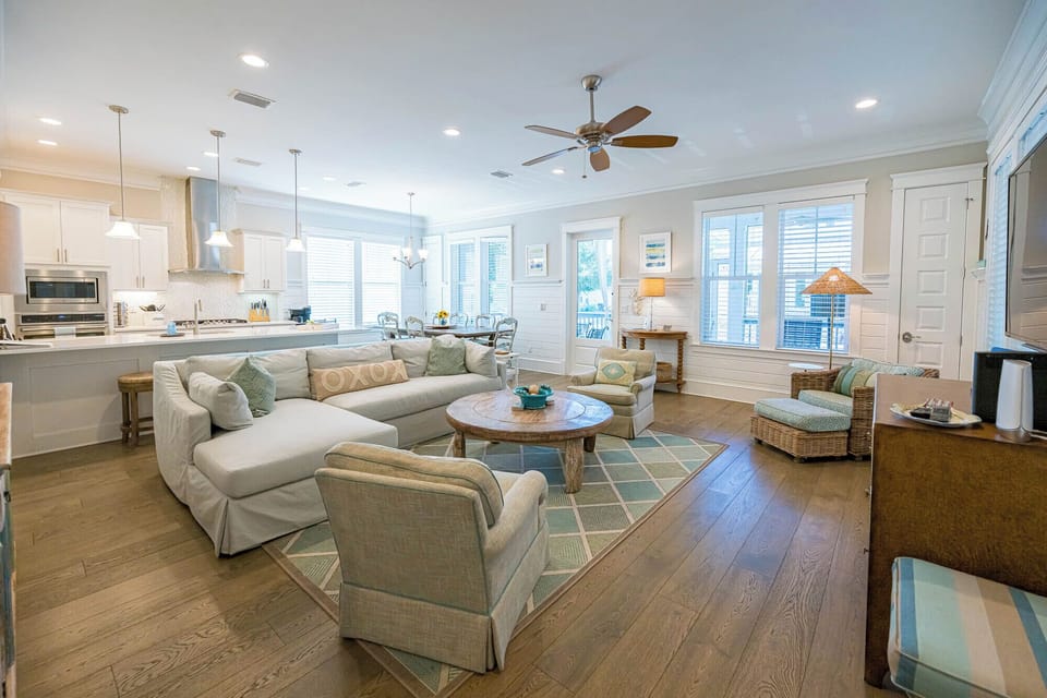large open family room to kitchen