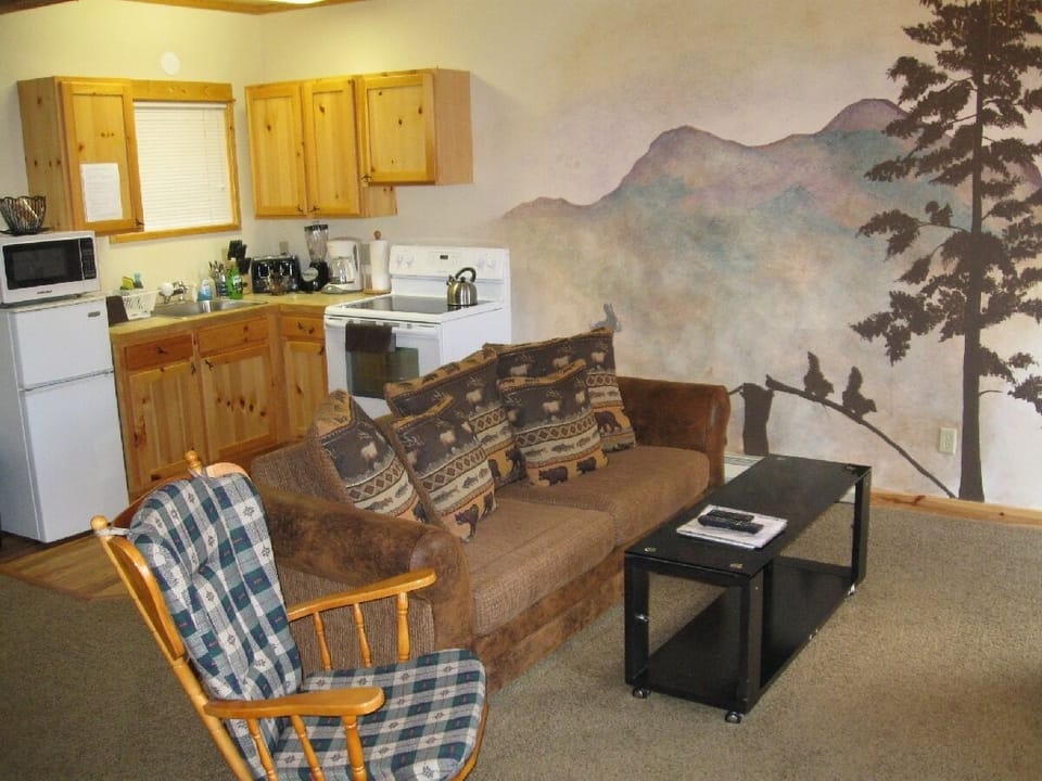Living room and kitchen, painted wall