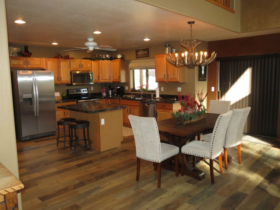 View of kitchen and dining area.