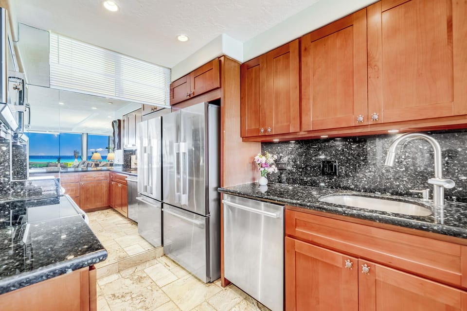 Kitchen with stainless steel appliances, 