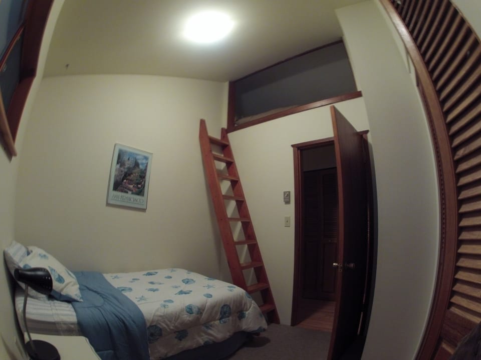 3rd bedroom has a single bed and ladder up to the loft with a double bed.

