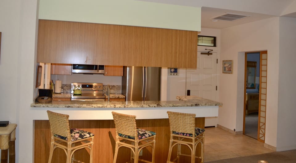 Bar counter, chairs and kitchen with new appliances