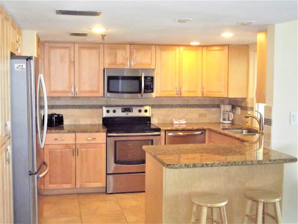 Renovated kitchen is fully equipped.  See the Gulf when you are at the sink. 