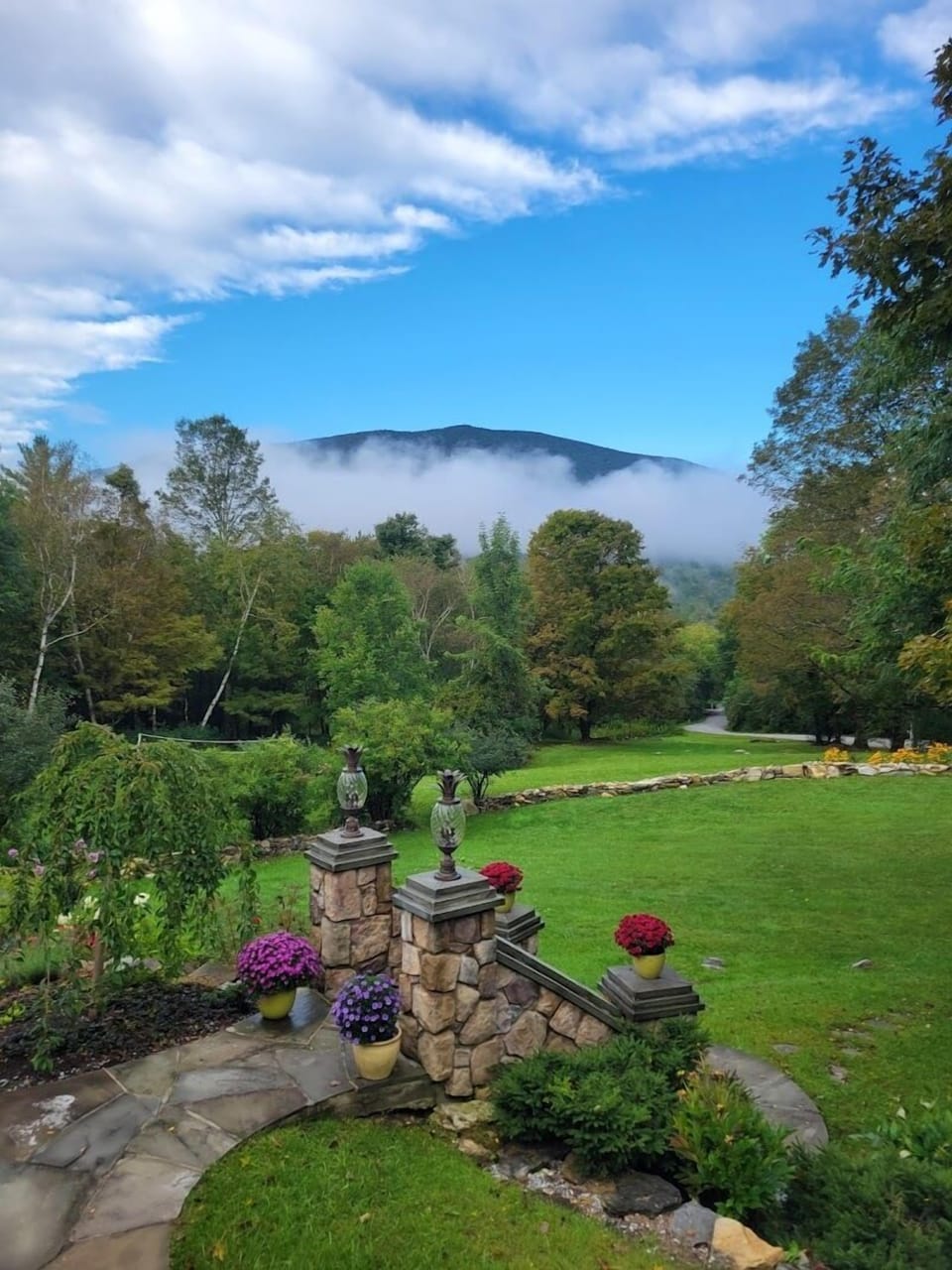 The beautiful mountain peeking out from a ribbon of dewey morning fog!