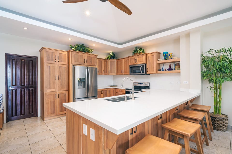 Kitchen features solid wood cabinets custom built from Costa Rican hardwoods.