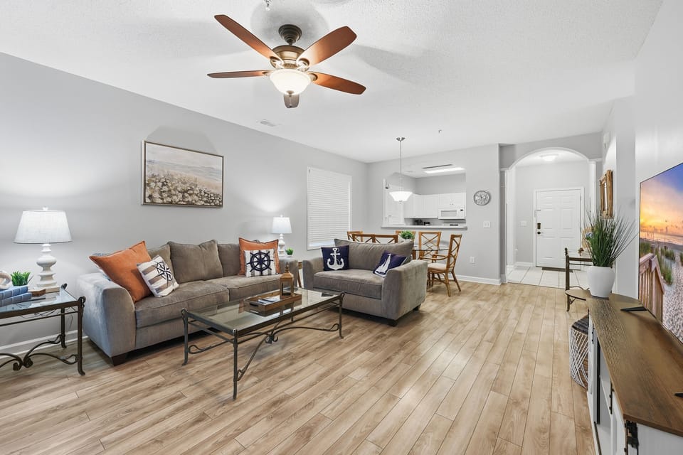 Open concept living and dining room.