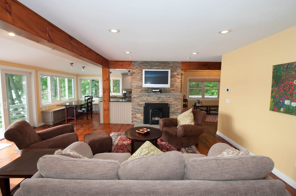 Living room: pull out sofa; roku TV  and gas fireplace