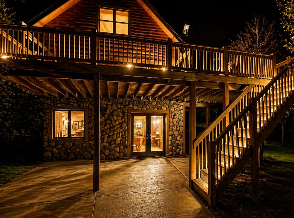 Beautiful view of the back of the cabin at night