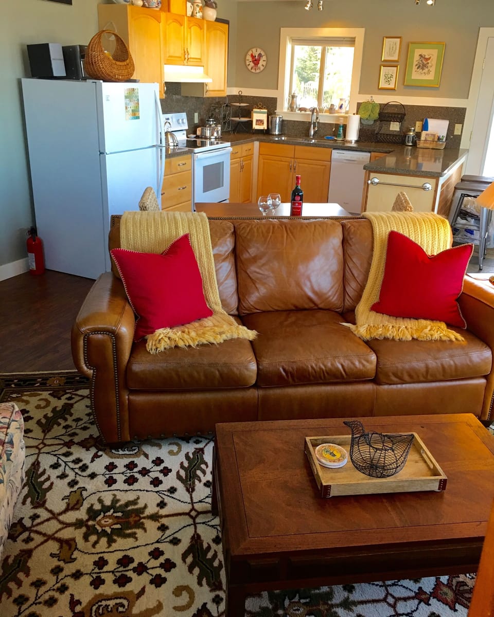The great room, looking past the couch to the kitchen.