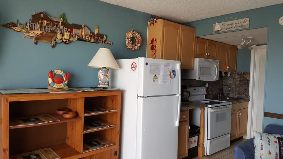 4 burner stove with oven full size sink, full size refrigerator with freezer
