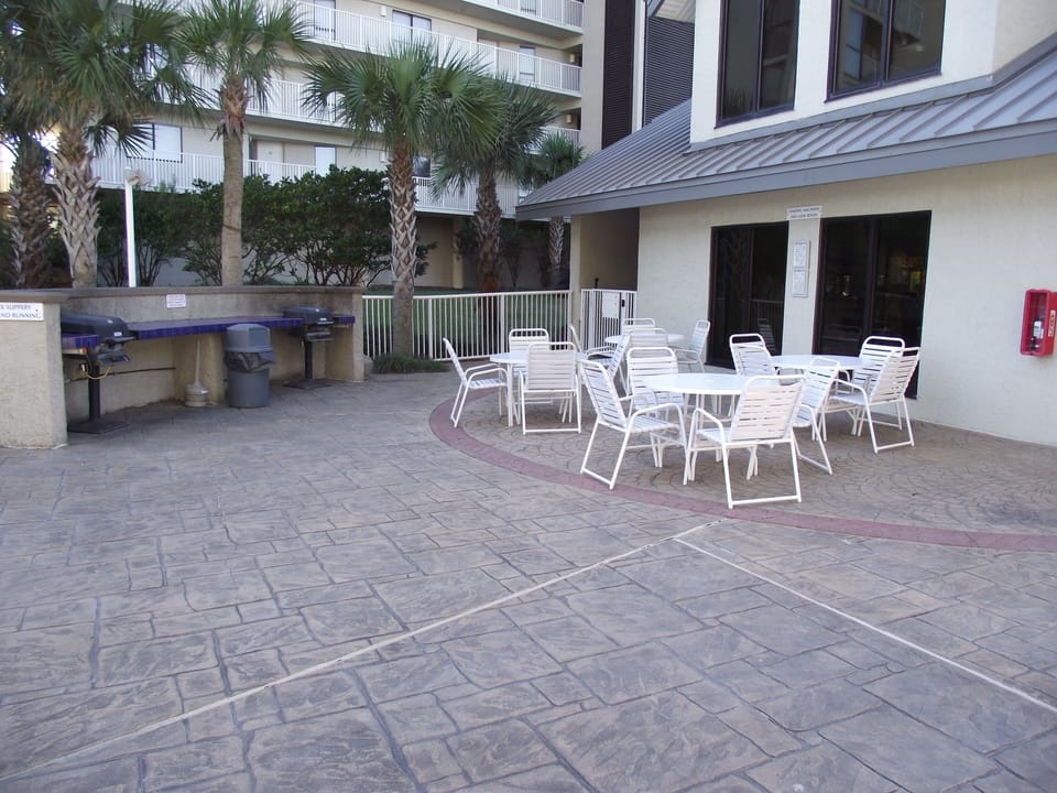 Seating near front pool. 