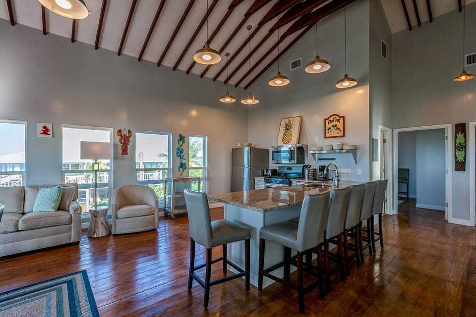 Kitchen area with bar seating.