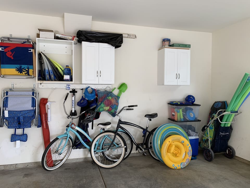 Beach cruisers & chairs, umbrella, icechest, boogie boards, toys, fins