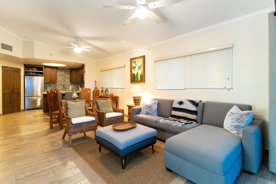 Roomy seating area with double sofa bed
