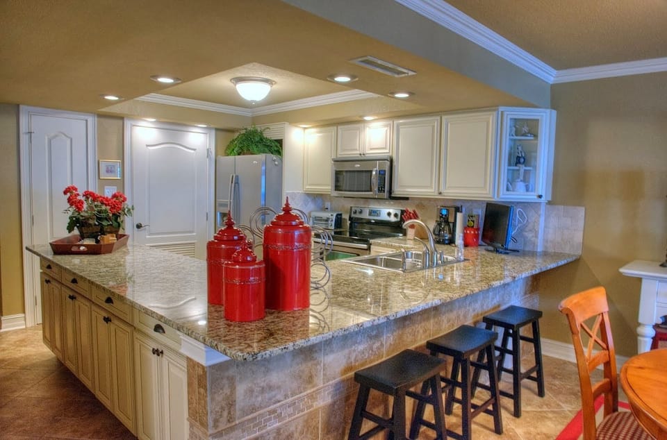 Remodeled kitchen with granite counters and new cabinets.  