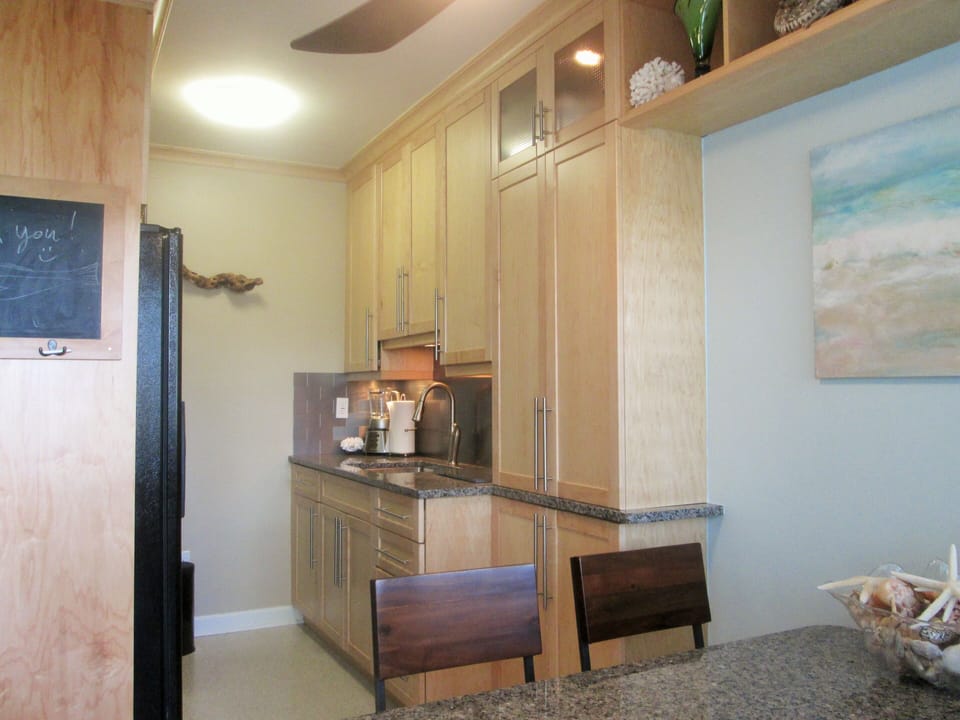 Galley kitchen, chef stainless steel sink, pull out spray faucet,door ice-maker