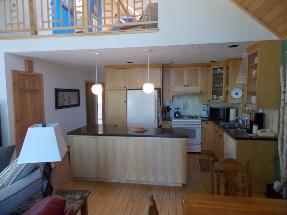 The modern kitchen has all the amenities.